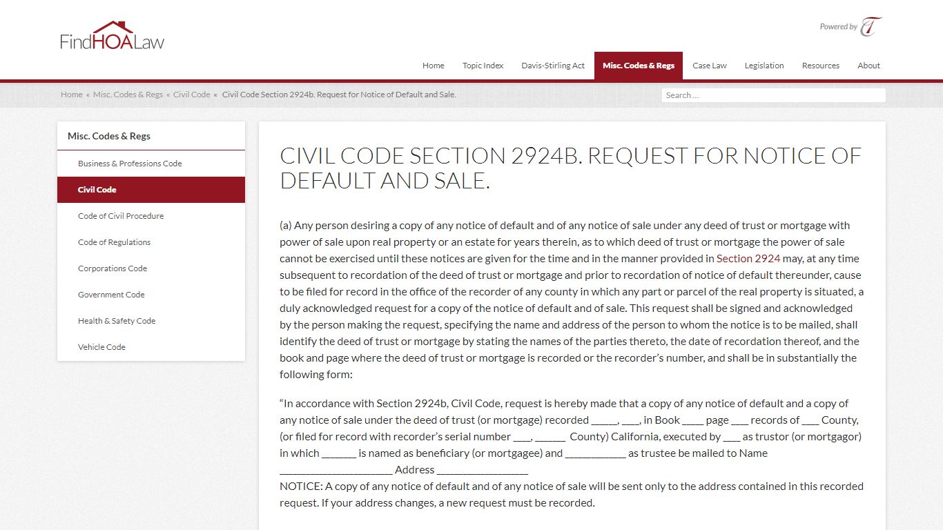 Civil Code Section 2924b. Request for Notice of Default ...